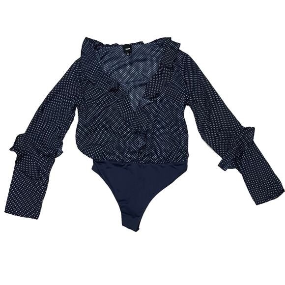 NUDE Polka Dot Ruffle Long Sleeve Thong Bodysuit - Blue - Small - Picture 6 of 15